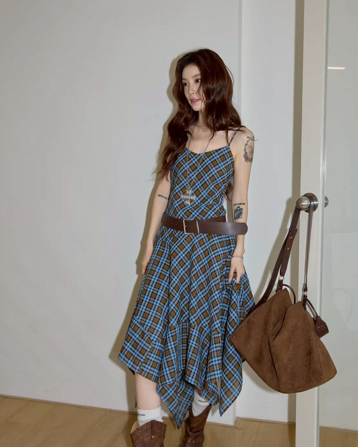 check asymmetry dress &cardigan