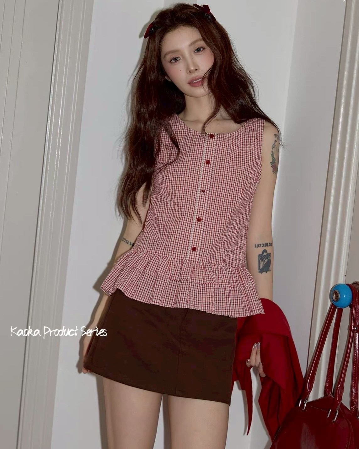 rouge gingham peplum tops