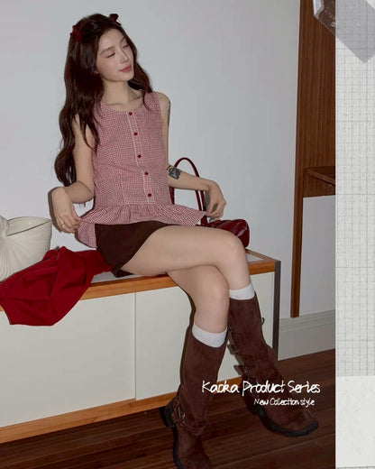 rouge gingham peplum tops