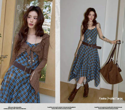 check asymmetry dress &cardigan