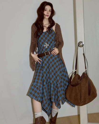 check asymmetry dress &cardigan