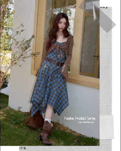 check asymmetry dress &cardigan