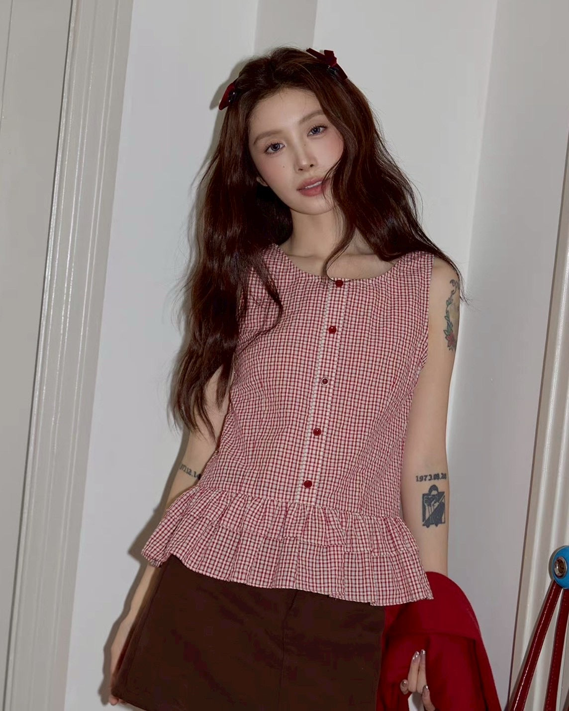 rouge gingham peplum tops
