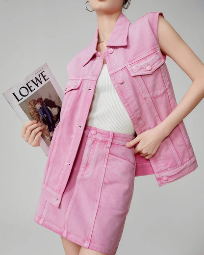 pink denim vest & skirt