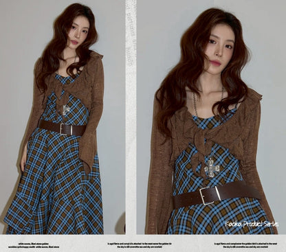 check asymmetry dress &cardigan